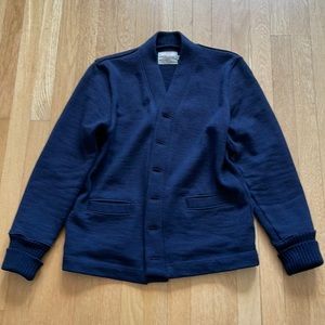 Dehen worsted wool cardigan.  Navy blue.